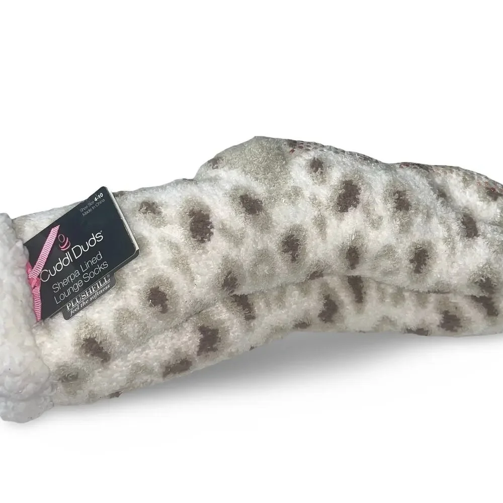 Cuddl Duds Sherpa Lined Lounge Socks Cream Brown Leopard Spot Slipper 4-10